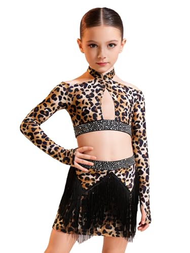 Costume danse latine léopard fille avec jupe scintillante pour fête