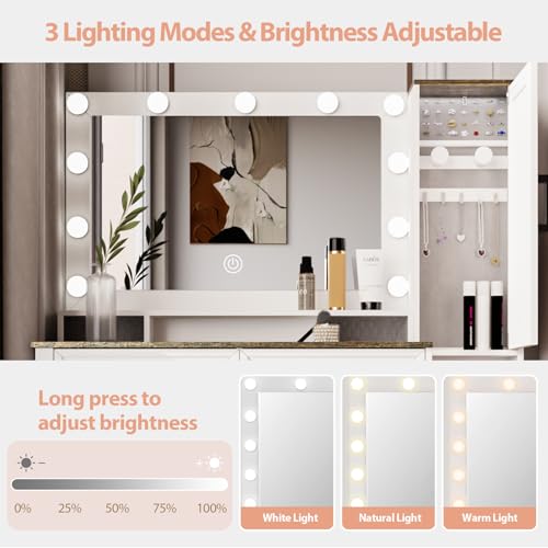 Image of Farmhouse Vanity Desk with 3 Adjustable Light Colors & Power Outlet, White Makeup Vanity Table with Sliding Jewelry Cabinet, Built-in Lipstick Organizer, 3 Drawers & Shelves for the Bedroom