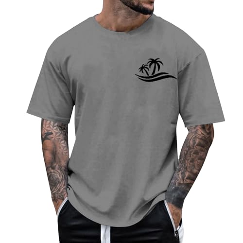 Image of Men's Palm Tree Wave Graphic T-Shirt Casual Short Sleeve Holiday Top Grey 3XL