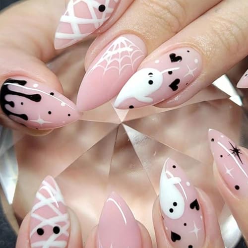 24Pcs Halloween Press on Nails Medium Almond Pink Fake Nails with Cute Ghost Designs Glue on Nails Horror Bandage Mummy Spider Web False Nail Full Cover Halloween Acrylic Nail for Women Nail Art DIY