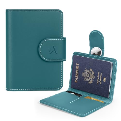 Image of ALLIVE Rfid Passport Holder for Travel Women & Men, Passport Cover Wallet with AirTag Hidden, Genuine Leather Passport Holder Essential for Business Travel, Airport Security (Lake Blue)