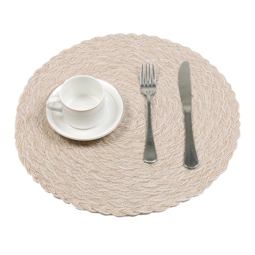 Image of SHACOS Round Braided Placemats 15 inch Set of 6 Thick Boho Kitchen Table Placemats for Home Wedding Party (T-Beige, 6)