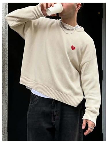 Men's Heart Embroidered Sweater Y2k Crew Neck Long Sleeve Lightweight Sweater Pullovers Loose Knit Top3