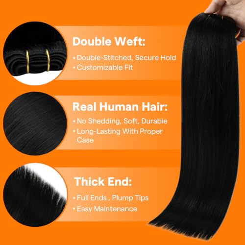 Image of Sunny Hair Sew in Hair Extensions Real Human Hair Black for Women | 12 Inch 70g, For Short Hair, All Day Wear, Lightweight Double Weft No Shedding, Perfect for Wedding, Frizz-Free