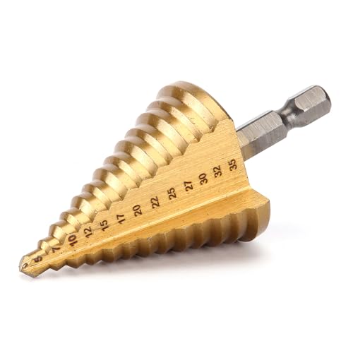 Oiieco Step Drill Bit, HSS Titanium Step Drill Bit Titanium Coated, Cone cutter, Hex Shank Spiral Flute step drill bit For Metal, Hole Cutter Drill Bit for Metal, PVC, Wood (5-35mm Step Bit)