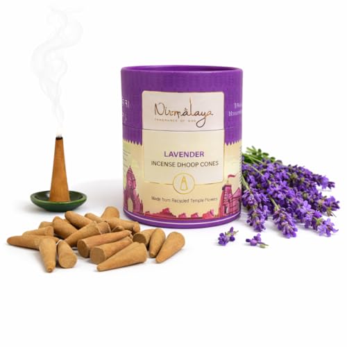 Image of Nirmalaya Premium Lavender Dhoop Cones | 60 Bambooless Incense Cones with Stand | Made from Sacred Flowers | Charcoal Free Cones | 25 Min Burn Time for Pooja & Meditation