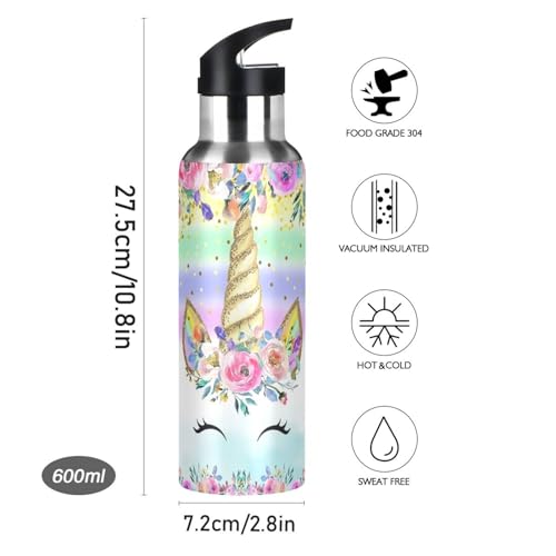 Unicorn Pink Water Bottle for Girls Kids Stainless Steel Drink Flask Straw Vacuum Insulated Leakproof for Sports 600 ml - Image 4