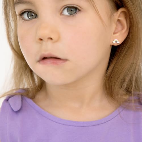 925 Sterling Silver In The Clouds Puffed Enamel Rainbow Standard Push Back Earrings For Little Girls - Sweet Pastel Colored Rainbow Girl Earrings For Girls Birthday - Children's Rainbow Earrings3