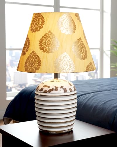 Image of Homesake Wooden Table Lamp for Bedroom | Bedside Lamp with Fabric Shade | E27 Holder with Bulb Included | Warm Light Night Lamp for Living Room, Study Table & Home Decor, Gold Leaf Shade