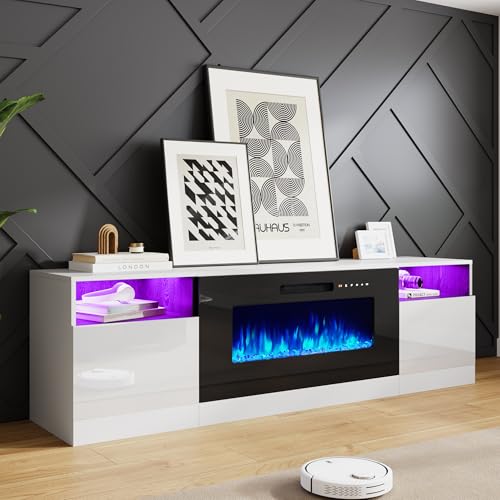 Image of AMERLIFE TV Stand with Fireplace, LED Light Entertainment Center with 36 inch Electric Fireplace, 70 inch Modern Wood Entertainment Stand with Highlight Storage Cabinet for TVs up to 80 inch, White & Black