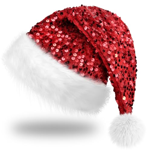 Hikkcos Christmas Red Sparkly Santa Hat Red Glitter Sequin Santa Hat Bling Glittery Cap for Adults New Year Xmas Festival Party