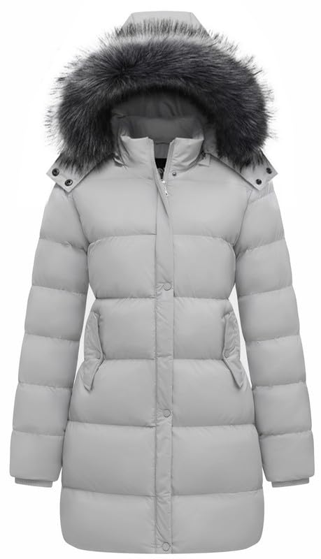 GGleaf Women's Winter Thicken Puffer Coat Warm Snow Jacket with Fur Removable Hood Grey Medium