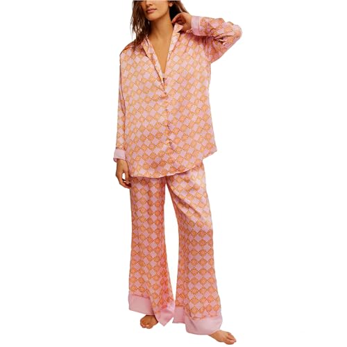 Image of Women Satin Pajama Set Floral Silk Pajamas 2 Piece Lounge Sets Button Down Shirts Wide Leg Pants Pjs Sleepwear