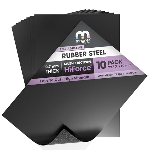 TMS Hi-Force® Rubber Steel Sheets | High Strength Ferrous Metal Sheet with Self-Adhesive | For Wargaming Miniature Storage or Transport or Magnetic Displays | 10 Pack | 0.75mm thick | A4 (30×21cm)