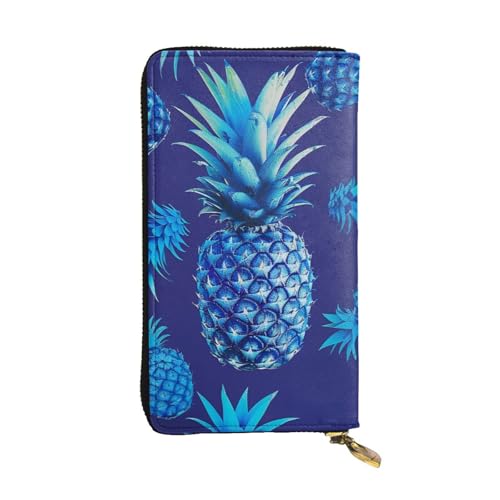 Blue Pineapple Printed Long Wallet for Women Men Cute PU Leather Wallet with Coin Purse and Credit Card Holder