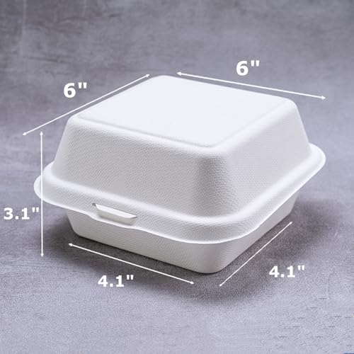 ToppYuanZea 150 Pack Clamshell Food Containers with Lid, 6 x 6 Inches Disposable Take Out To-Go Containers, White Bagasse Bento Box for Hamburger Sandwiches Chips, Microwave/Freezer Safe - Thumbnail 2