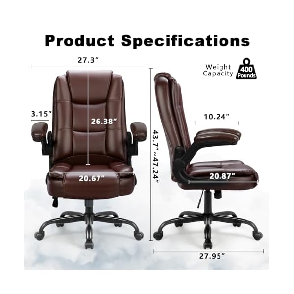 Ofika big and tall office chair computer desk chair ergonomic high back lumbar support home office chair with padded flip up arms adjustable height leather office executive chair brown  urban country home decor
