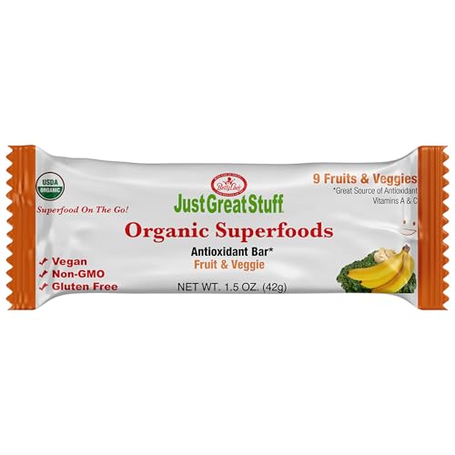 Just Great Stuff Organic Protein Bars, Superfood Fruit and Vegetable Bars, Gluten Free, Vegan, Non GMO, Snacks for Adults & Kids, Individually Wrapped, Fruits & Veggies, 12 Pack
