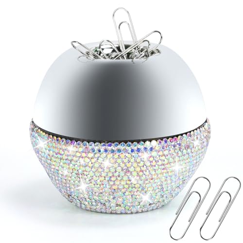 MultiBey Rhinestone Paper Clip Dispenser with 100 Silver Clips, Elegant