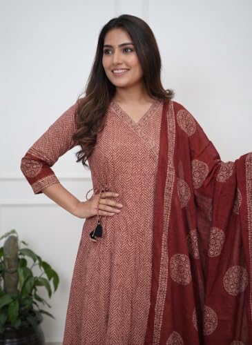 Image of Nermosa Women Printed Viscose Anarkali Kurta and Pant with Dupatta | Printed Kurta Set | Viscose Kurta Set | Summer Office Wear |