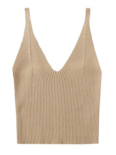 Sweatyrocks Women's Sleeveless V Neck Spaghetti Strap Cami Crop Tank Top Brown S #TOP11