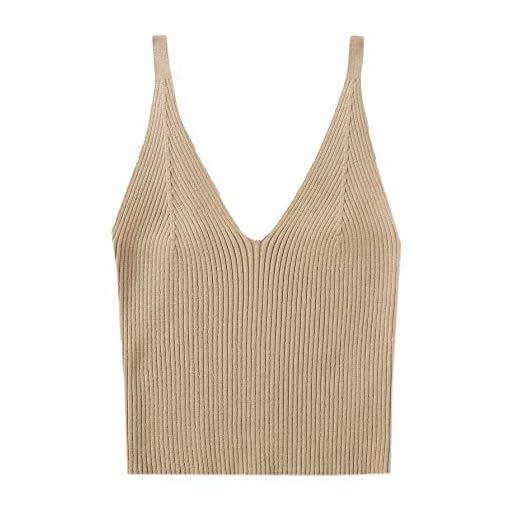 SweatyRocks Women's Sleeveless V Neck Spaghetti Strap Cami Crop Tank Top Brown M