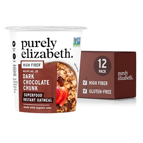 Image of Purely Elizabeth Superfood Oatmeal Cup with Prebiotic Fiber, Dark Chocolate Chunk, Vegan Friendly, Organic, Gluten Free & Non-GMO, 1.76 Ounce (Pack of 12)