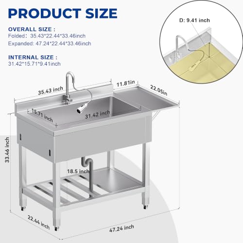 Image of Foldable Stainless Steel Utility Sink, Freestanding Sink with Hot & Cold Water and Folding Side Table, Space Saving for Kitchen, Bathroom, Garage, Laundry Room, Pet Washing