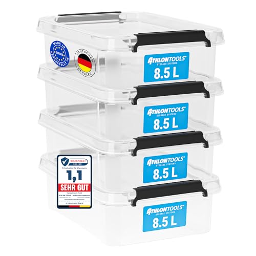 ATHLON TOOLS 4er Set 8.5l Aufbewahrungsboxen mit Deckel - BPA-freie & lebensmittelechte Aufbewahrungsbox mit Verschlussclips - 100% Neumaterial DIN A4 Plastikbox transparent - Stapelbare Kunstoff Box