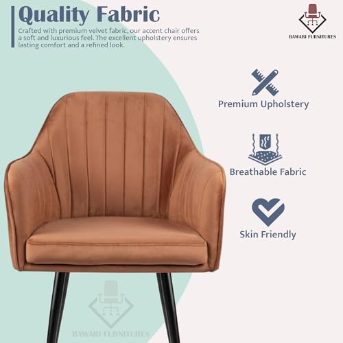 Image of Plush Dining Chair | Accent Chair for Living Room Bedroom Restuarant | Velvet Fabric & Thick Cushion Seat with Sturdy Glossy Metal Legs (Black Legs, Light Brown)