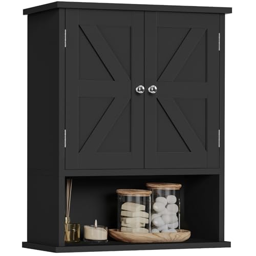 Image of TEENFON Bathroom Wall Cabinet Over the Toilet Storage Cabinet with Barn Doors and Adjustable Shelves Bathroom Cabinet Over Toilet for Bathroom, Kitchen, Laundry Room,Black