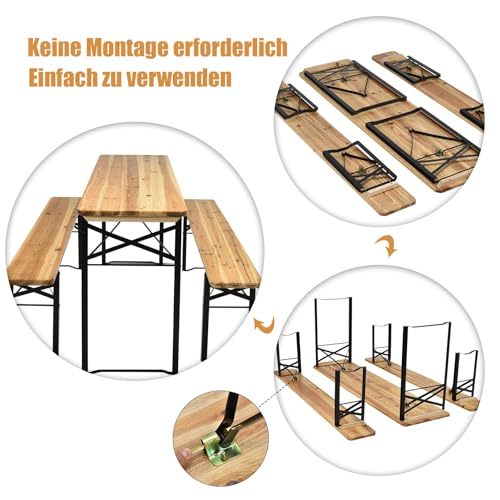 FANTASK 3tlg. Campingtisch Set mit 2 Sitzbänke, Campingtisch Set Metallrahmen, Festzeltgarnitur Picknicktisch, Bierzeltgarnitur für Terrasse & Garten, 178 x 46 x 76cm