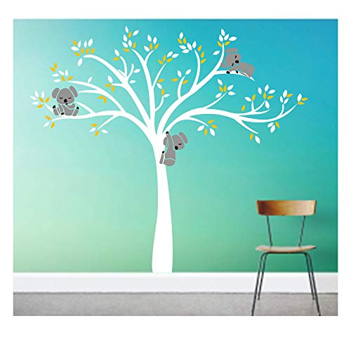 BDECOLL Koala, wandstickers voor kinderkamer, woonkamer, moderne wandtattoo, boom (geel wit)