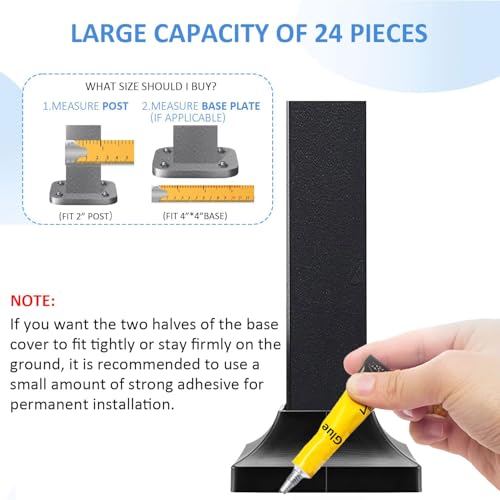 24Pcs Plastic Post Base Cover fit 2\" Post, Decorative Square Railing Base Trim, Post Base Plate Cover,Durable Fence Post Flange Skirt for Patio, Porch, Stair, and Railing Systems, UV-Resistant, Black