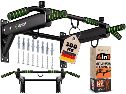 KESSER® Barra per trazioni 4 in 1 per montaggio a parete, maniglie antiscivolo, funzione aggiuntiva per corde, anelli e sacchi da boxe | Barra per trazioni per la casa, verde