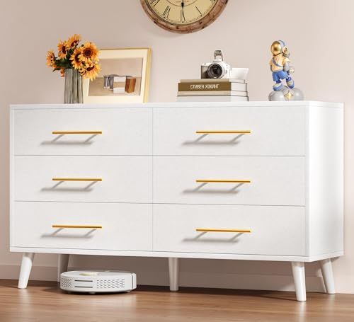 Aiho 6 Drawer Dresser for Bedroom Chest of Drawers with Silent Gliding Slides Metal Handles Wood Storage Chest for Nursery Living Room Entryway White Dresser