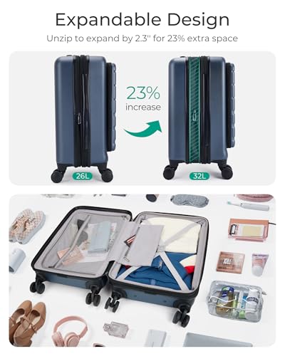 BAGSMART Expandable Carry On Luggage 22x14x9 Airline Approved, 20 Inch Suitcase with Spinner Wheels, Charging Ports, TSA Lock, Hard Shell Front Opening for Men Women Travel Business, Blue3