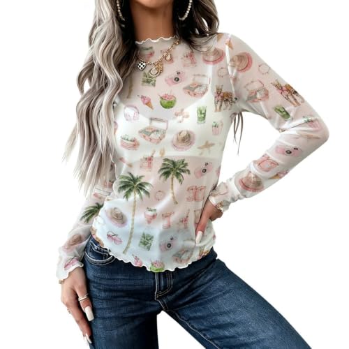 Women's Summer Beach Sheer Mesh Top,Mock Neck Long Sleeve Shirt with Lettuce-Edge Trim for Layering,Parties,Travel and Everyday Styling,Medium