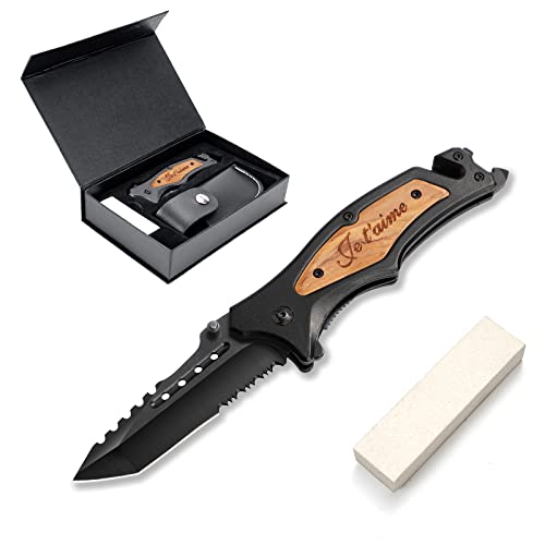 GVDV Couteau de Poche Multifonction 6 en 1 Gravé Je t'aime - Couteau Pliant de Survie pour Randonées, Camping, avec Brise-Verre, Coupe-Ceinture, Ouvre-Bouteille, Cadeau Coffret de Noël pour Hommes Cover