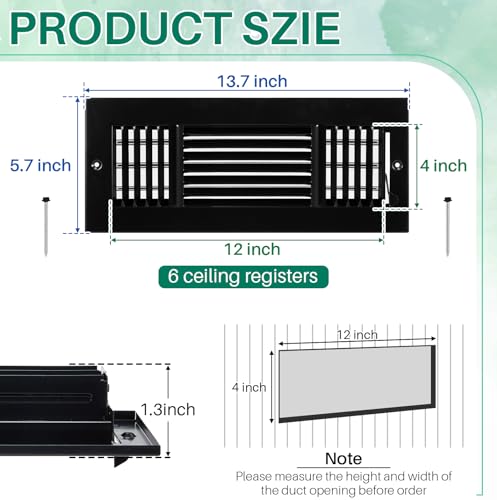 Datanly 6 Pack Black 4x12 Inch Interior Size Ceiling Vent Covers, 3 Way Adjustable Solid Steel Air Register, Sidewall & Wall Vent Cover for Home HVAC, Bathroom, Office, Toilet by Datanly - Image 2