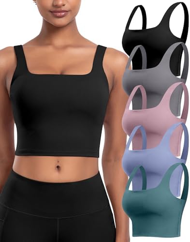 Womens Sports Bras 5 Packs - Square Neck Longline Workout Crop Ta...