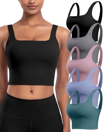 Womens Sports Bras 5 Packs - Square Neck Longline Workout Crop Tank Tops Padded Yoga Camisole with Built in Pads (BlackDGrayPinkBlueTeal, M)