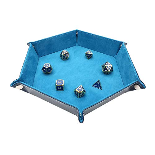 Dice Tray Dice Rolling Tray Holder Storage Box for RPG, DND Table Games, Double Sided Folding PU Leather Tray (Peacock Blue)