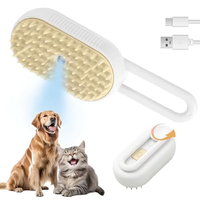 Cat Steam Brush for Shedding, 4-in-1 Pet Steam Brush with Anti-Static Spray, Massage, Cleaning, Shedding & Combing, Rechargeable Spritz Defur Comb for Cats and Dogs, Long or Short Hair-tcIGgm0K