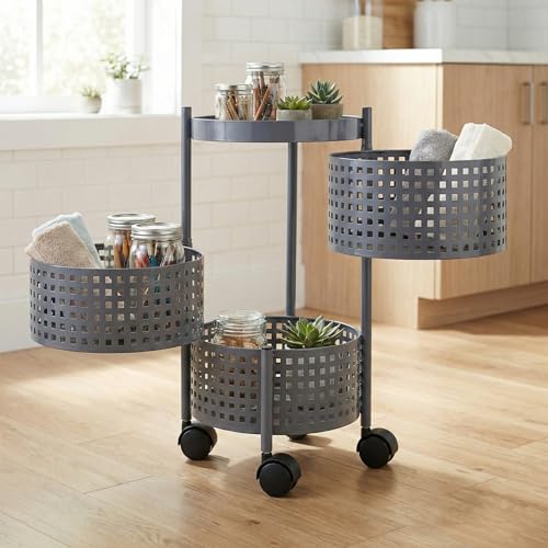 Image of 3-Tier Kitchen Carbon Steel Storage Rack - Grey | Durable & Sturdy Cart Organizer for Home & Kitchen | Vegetable, Fruits & Pantry Corner Rack | Multi-Layer Round Rack with Wheels
