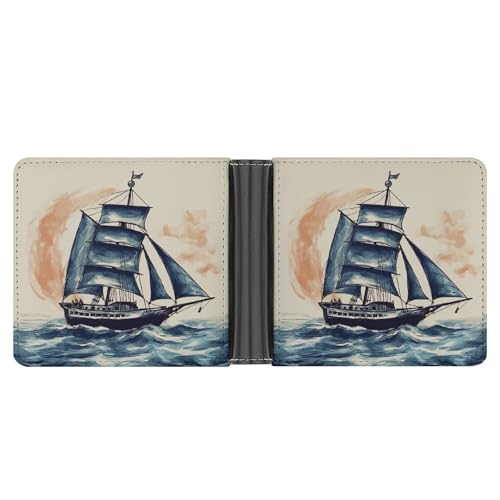Men's Leather Wallet Bifold Wallet for Men Nautical Sailboat Slim Wallet with Multiple Card Classic Passcase Mens Card Holder