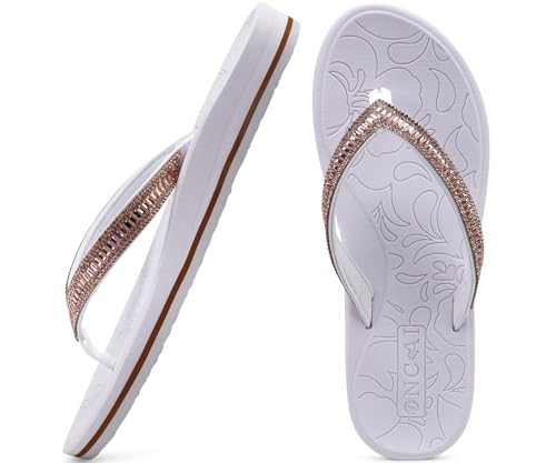 ONCAI Tongs femmes avec strass soutien de la voûte plantaire Yoga Mat Confort Mode 2025 Eté Plage Thong Sandals avec Orthopédique Antidérapante Semelles en...