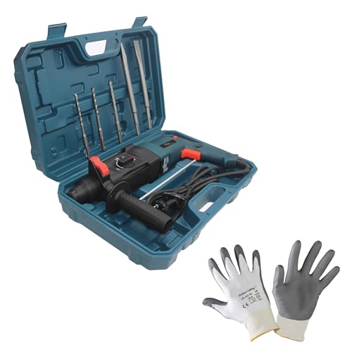 Image of Hillgrove HGCM1030M5 All Purpose 26mm Hammer Impact Drill Machine Forward /Reverse Rotation with Safety Gloves and 5Pcs SDS Plus Bits for Making Holes in Metal /Wood /Concrete (26 mm Chuck Size, 1200 W)