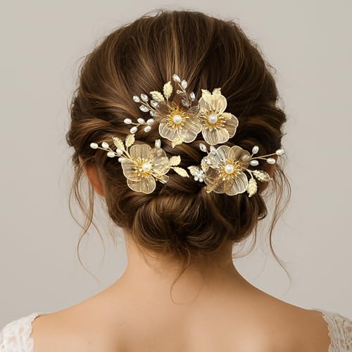 Pinzas para cabello doradas con flores y perlas de cristal, pack de 3 miniatura 3