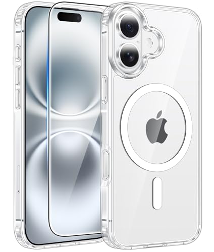 Image of FNTCASE for iPhone 16 Case: [Compatible with Magsafe] [Screen Protector] Anti Yellowing Transparent Clear Magnetic Phone Cover - Military Grade Shockproof Drop Proof Protective Cases - Clear